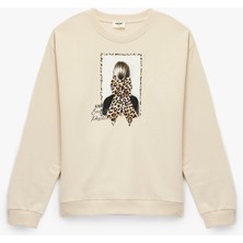 Şardonlu Uzun Kollu Bisiklet Yaka Pamuklu Baskılı Sweatshirt