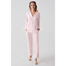 Perin Biyeli Yakalı Uzun Kol Önden Düğmeli Kadın Pijama Takım 1035