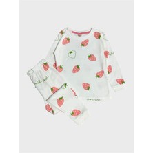 Kız Çocuk %100 Pamuklu Beyaz Çilek Desenli Uzun Kollu Pijama Takımı