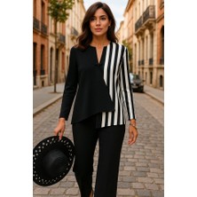 Kadın Keten Kumaş Çizgi Desenli Uzun Kollu Bluz