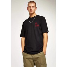 Unisex Bisiklet Yaka Oversize Baskılı T-Shirt - Siyah