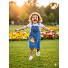 Kız Çocuk Kot Kumaş Winnie The Pooh Baskılı Ayarlanabilir Askı Cepli Salopet Denim Jile Elbise
