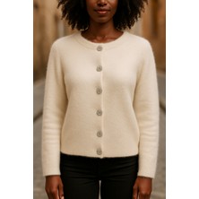 Kadın Ekru Yumuşak Dokulu Hırka Taşlı Düğme Detaylı 5559