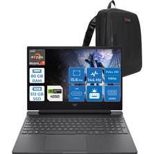 Hp Victus 15-FB3706NT Amd Ryzen 7 8845HS 80GB Ddr5 512GB SSD 6GB/RTX4050/75W 15.6" Fhd IPS 144Hz Freedos Taşınabilir Bilgisayar B9KM3EAF21 + Zettaçanta
