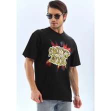 Unisex Oversize Baskılı Bisiklet Yaka T-Shirt - Siyah