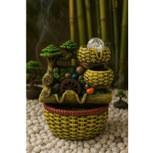 Değirmen huzur Veren Su Sesi Şelale Hasır Sepet Yosun Efektli süs Fıskiye LED Işıklı Ev Ofis Biblo M