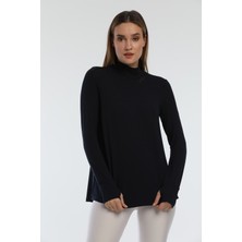 Pulsar Lacivert Balıkçı Yaka Oversize Tshirt Parmak Detaylı Kadın İş Elbisesi