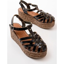 684-02 Siyah Ortopedik Hakiki Deri Dolgu Kadın Sandalet