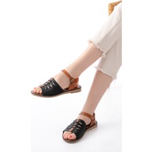 205-029 Siyah Ortopedik Hakiki Deri Kadın Sandalet