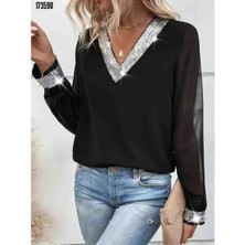 Kadın Uzun Kollu V Yakalı Pulpayet Yakalı Ithal Krep Bluz, Kırmızı Gül Figürlü Kolye Hediye