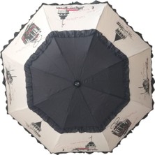 Istanbul Desenli Ruzgara Dayanıklı Manuel Bayan Şemsiyesi Siyah-Bej