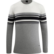 Erkek Sıfır Yaka Kazak Triko Renkli Şerit Desenli Klasik Kalıp - 5246C