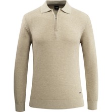 Erkek Fermuarlı Polo Yaka Kazak Triko Kabartmalı Örgü Düz Renk Klasik Kalıp - 5240F