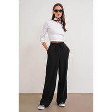 Mixray 4757 Kadın Lastikli Bol Paça Örme Dökümlü Selanik Pantalon Siyah