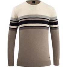 Erkek Sıfır Yaka Kazak Triko Renkli Şerit Desenli Klasik Kalıp - 5246C