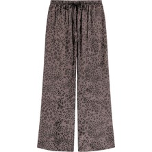 4756 Kadın Leopar Desenli Saten Dökümlü Palazzo Bol Pantolon Kahve