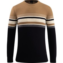 Erkek Sıfır Yaka Kazak Triko Renkli Şerit Desenli Klasik Kalıp - 5246C