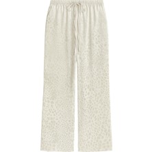 4756 Kadın Leopar Desenli Saten Dökümlü Palazzo Bol Pantolon Taş