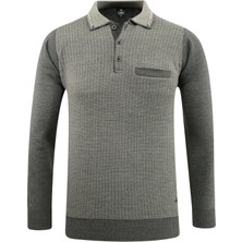 Erkek Polo Yaka Kazak Cepli Desenli Çelik Örgü Klasik Kalıp - 5205F