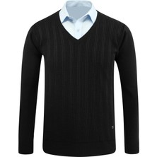 Erkek V Yaka Triko Kazak Çelik Örgü Desenli Klasik Kalıp - 5209D