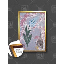 Ebru Sanatı Mavi Lale Galata Kulesi Istanbul Çerçeveli Dikey Kanvas Tablo