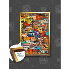 Renkli Evler Mahalle Favela Manzarası Şehir Çerçeveli Dikey Kanvas Tablo