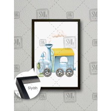 Sevimli Mavi Küçük Tren Çocuk Odası Dekor Çerçeveli Dikey Kanvas Tablo