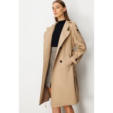 Ekol Dik Yaka Beli Kuşaklı Camel Rengi Trençkot 07003
