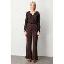 Ekol Kadın Krep Kumaş Bol Paça Pantolon 1031 Kahverengi