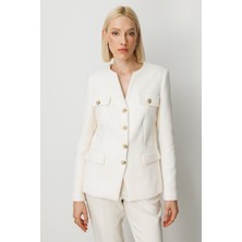 Ekol Kadın Kapak Cepli Tüvit Ceket 5043 Ekru