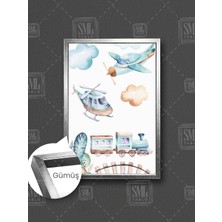 Uçaklar Renkli Tren Bulutlar Çizgi Film Karakteri Çoçuk Odası Dekor Çerçeveli Dikey Kanvas Tablo