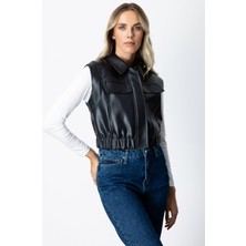 Ekol Kadın Kolsuz Deri Crop Yelek 5097 Siyah