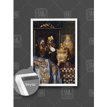 Antika Eşyalar Işlemeli Vazo ve Yorgan Max Schodl Dekor Çerçeveli Dikey Kanvas Tablo