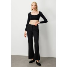 Ekol Kadın Simli Kumaş Bol Paça Pantolon 1045 Siyah