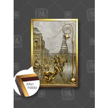 Sokak Lambasının Altında Dans Eden Romantik Çift Altın Rölyef Çerçeveli Dikey Kanvas Tablo