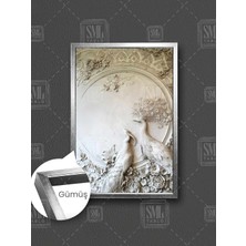 Duvarda Iki Tavus Kuşu Heykeli Rölyef Duvar Dekor Çerçeveli Dikey Kanvas Tablo