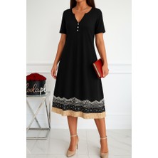 Kadın Kısa Kollu V Yakalı Etek Ucu Desenli Viskon Elbise