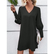 Kadın Uzun Kollu V Yakalı Kısa Ithal Krep Elbise