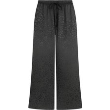 4756 Kadın Leopar Desenli Saten Dökümlü Palazzo Bol Pantolon Siyah