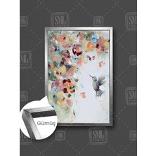 Renkli Çiçeklere Uçan Sinek Kuşu Yusufçuk Çerçeveli Dikey Kanvas Tablo