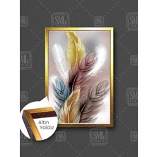 Renkli Kuş Tüyleri Gold Sim Detaylı Lüks Salon Dekoru Çerçeveli Dikey Kanvas Tablo