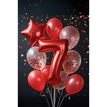 7 Yaş Kırmızı Rakam Balonlu Doğum Günü Parti Seti Kırmızı Renk Balon Kırmızı Pullu Şeffaf Balon