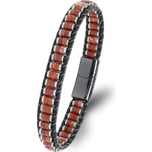 Kuşkaya Ticaret Kırmızı Jasper Hematit Çelik Örgülü Deri Bileklik | 14 Şubat Sevgililer Günü Hediyesi