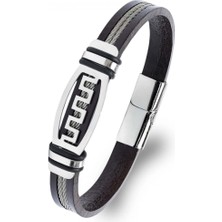 Kuşkaya Ticaret Meander Motifli Çelik Halatlı Deri Erkek Bileklik | 14 Şubat Sevgililer Günü Hediyesi