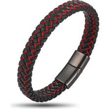 Kuşkaya Ticaret Kırmızı Siyah Deri Örgü Çelik Bileklik | 14 Şubat Sevgililer Günü Hediyesi