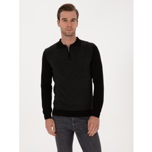 Cacharel Erkek Siyah Slim Fit Pamuk Karışımlı Fermuarlı Polo Yaka Triko Kazak 50318948-VR046