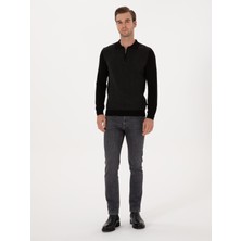 Cacharel Erkek Siyah Slim Fit Pamuk Karışımlı Fermuarlı Polo Yaka Triko Kazak 50318948-VR046