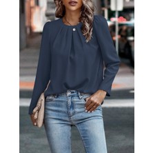 Gökyüzü Moda Kadın Uzun Kollu Yuvarlak Önden Pileli Ithal Krep Bluz