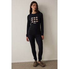 Penti Siyah Lana Slogan Baskılı  Termal Etkili Pijama Takımı