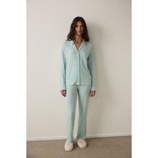 Mint Fitilli Gömlek Yaka Düğmeli Uzun Kollu Sürdürülebilir Viskon Pijama Takımı